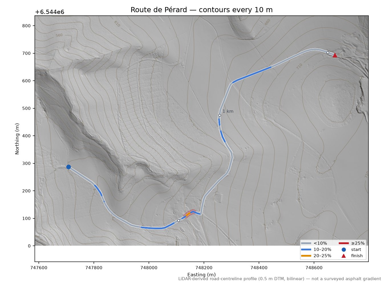 Route de Pérard LiDAR hillshade map with contours