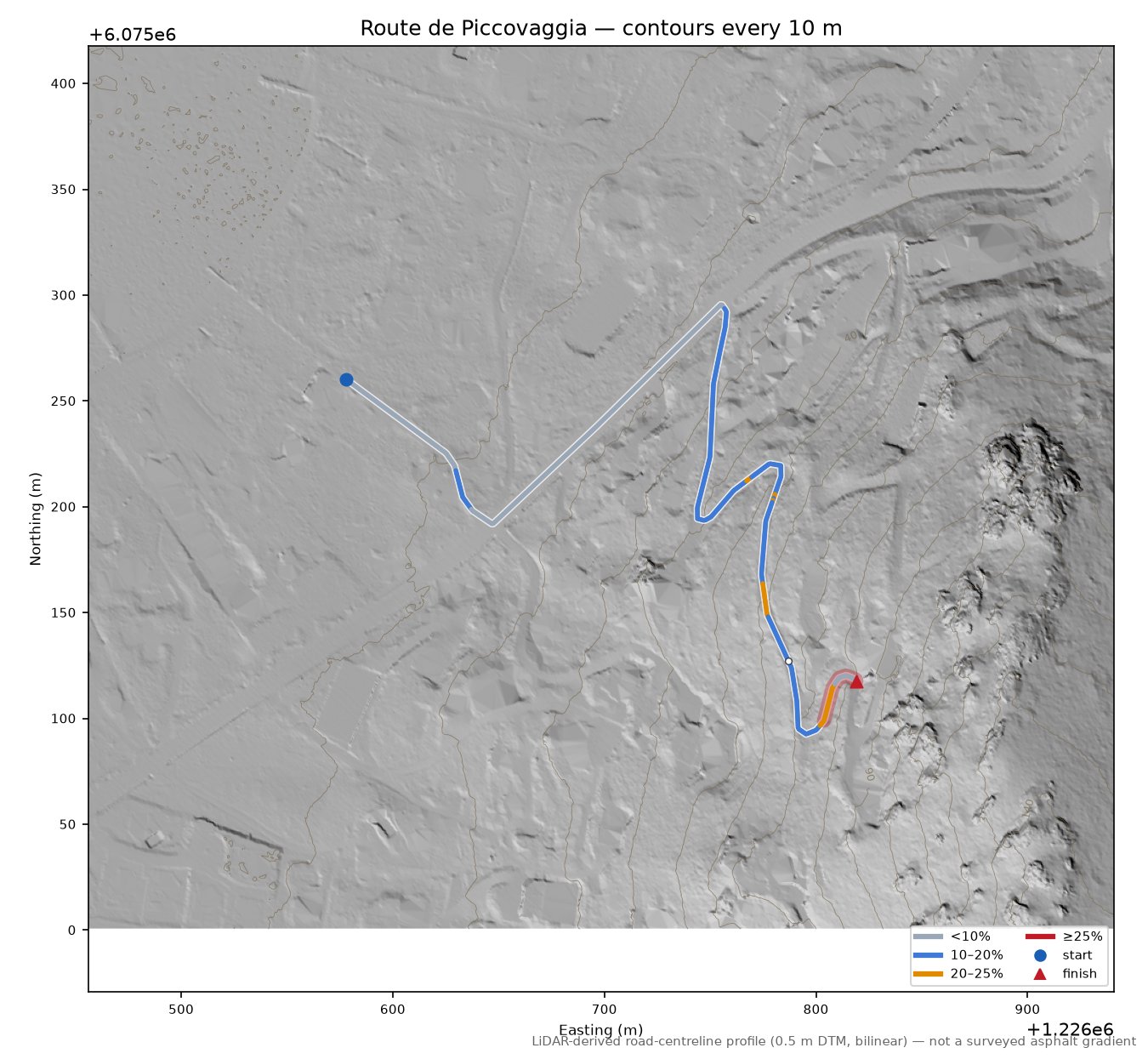 Route de Piccovaggia LiDAR hillshade map with contours
