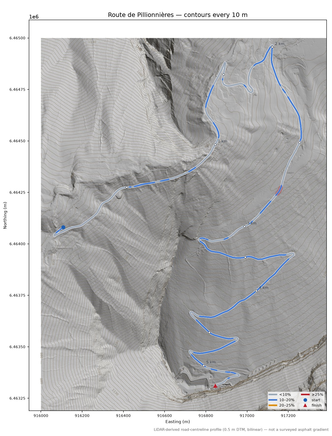 Route de Pillionnières LiDAR hillshade map with contours