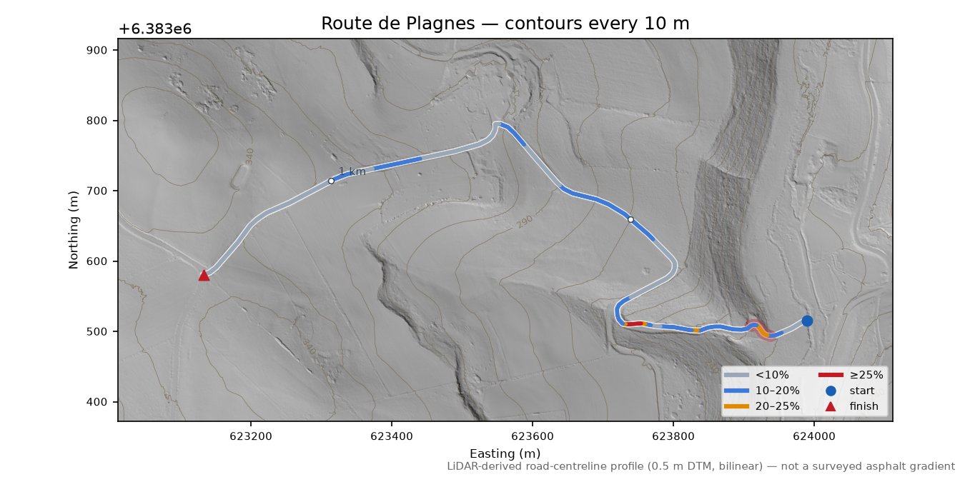 Route de Plagnes LiDAR hillshade map with contours