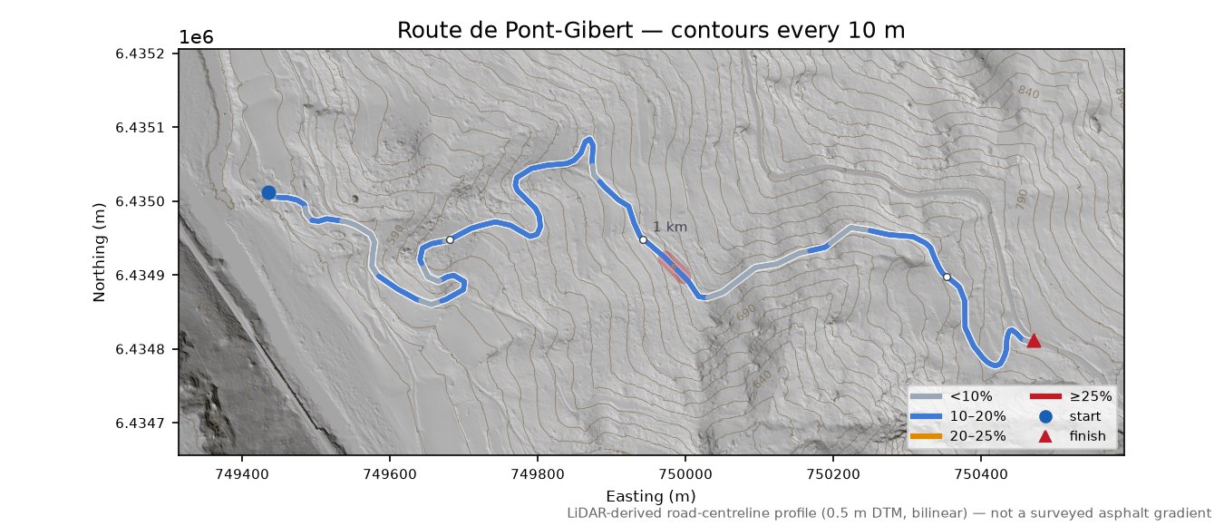Route de Pont-Gibert LiDAR hillshade map with contours