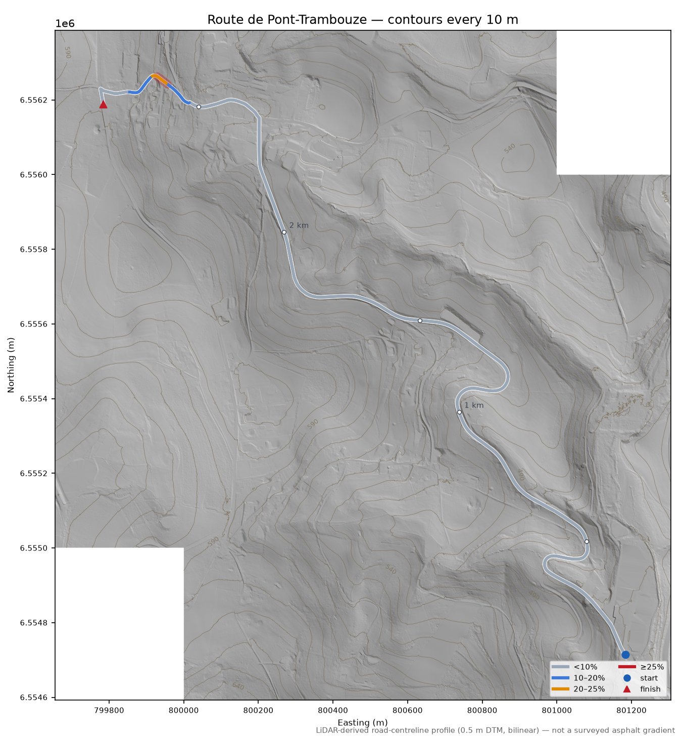 Route de Pont-Trambouze LiDAR hillshade map with contours