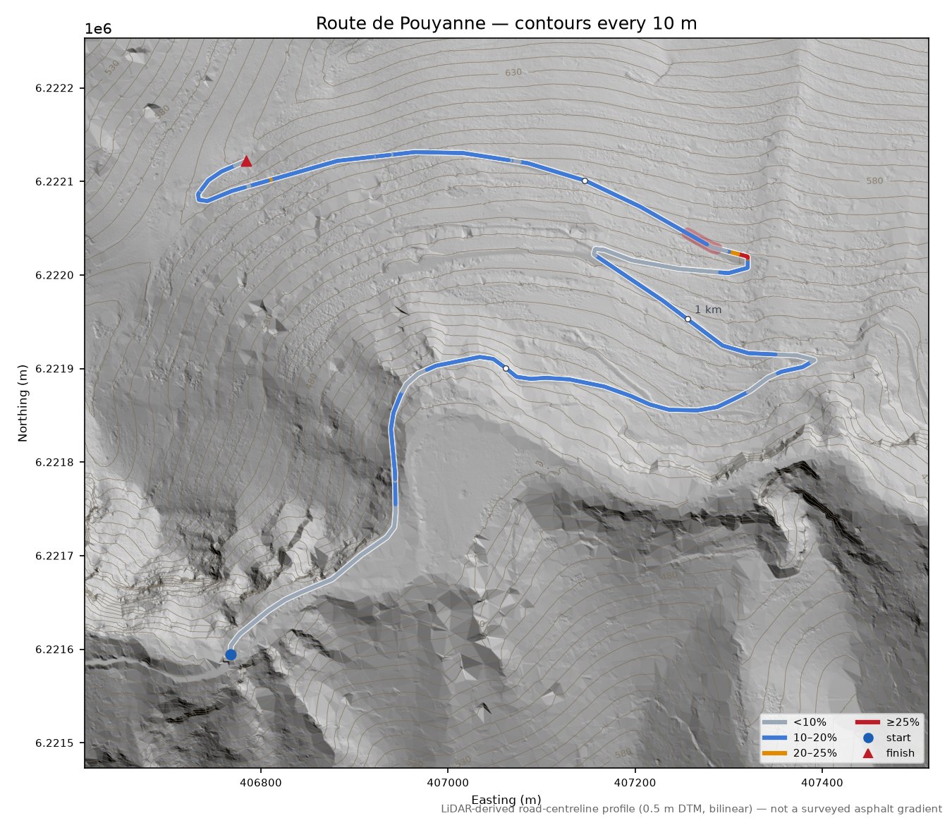 Route de Pouyanne LiDAR hillshade map with contours