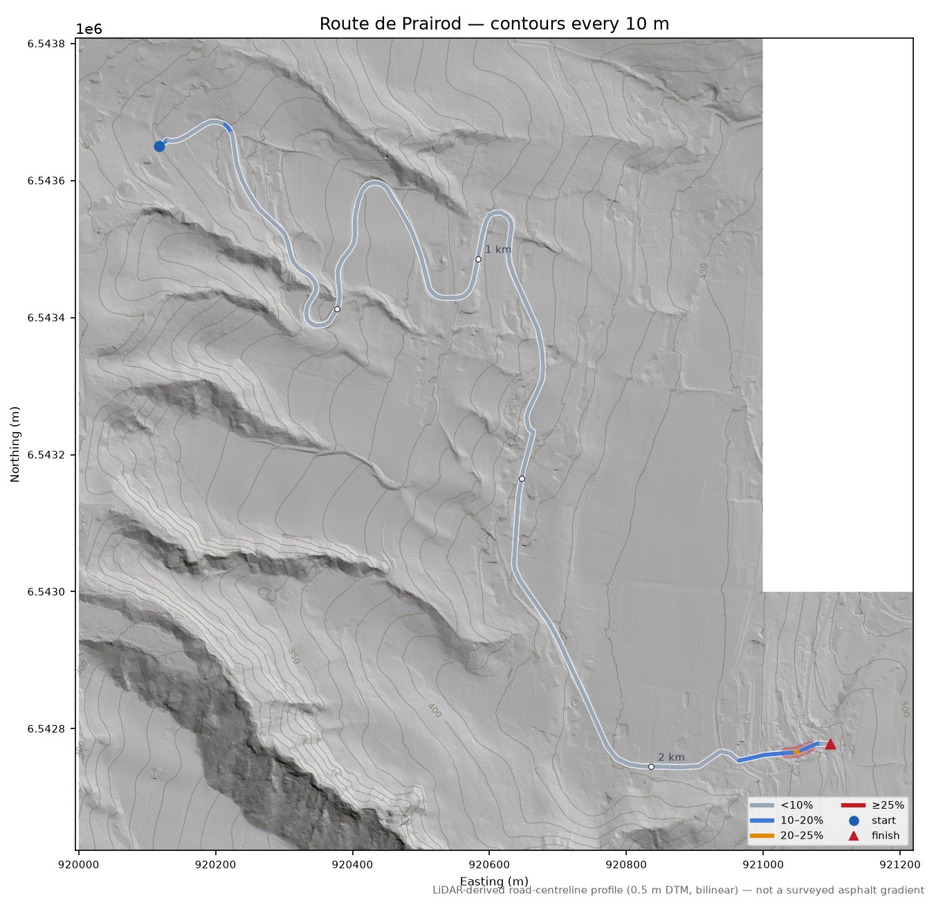 Route de Prairod LiDAR hillshade map with contours