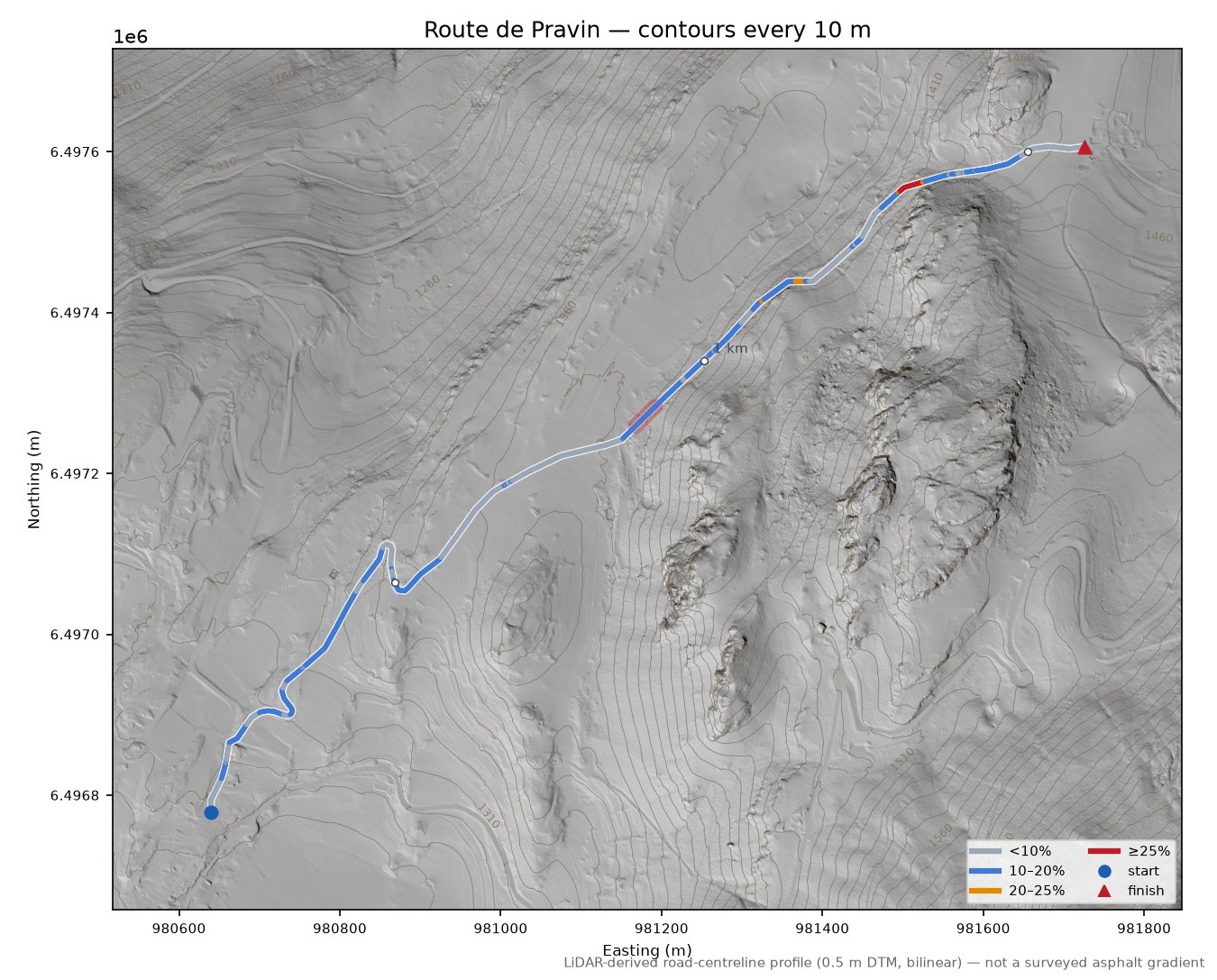 Route de Pravin LiDAR hillshade map with contours
