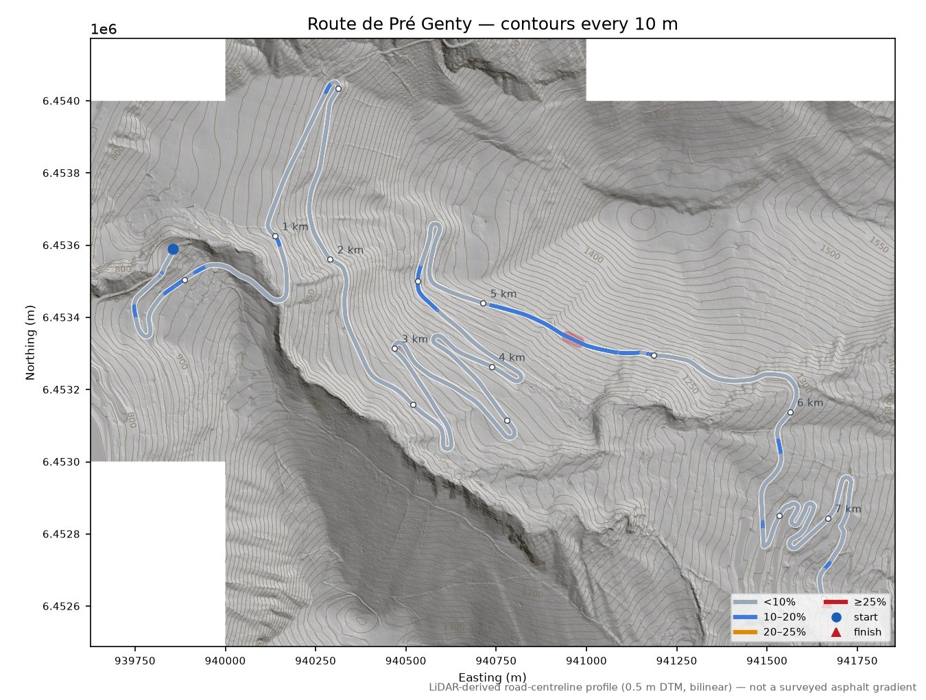 Route de Pré Genty LiDAR hillshade map with contours