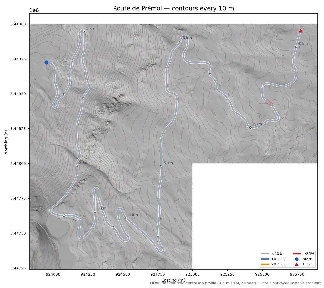 Route de Prémol LiDAR hillshade map with contours