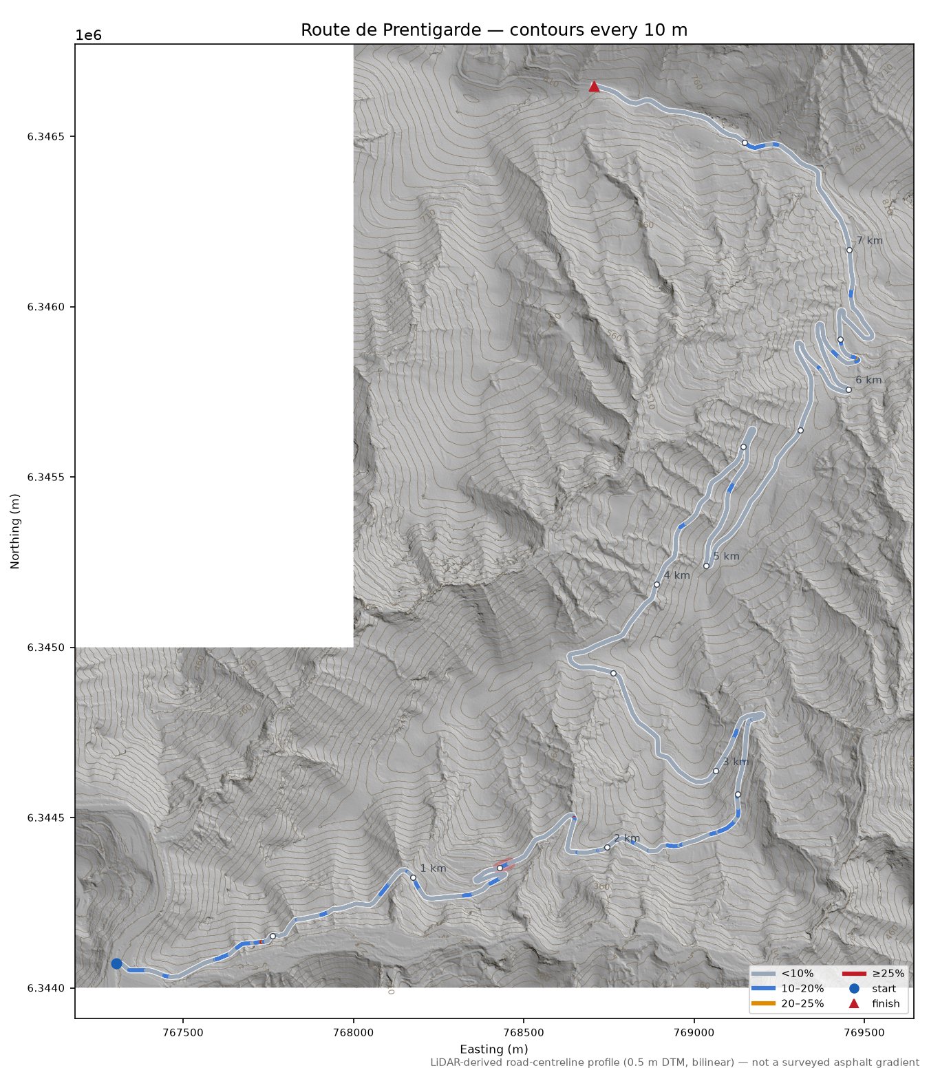 Route de Prentigarde LiDAR hillshade map with contours