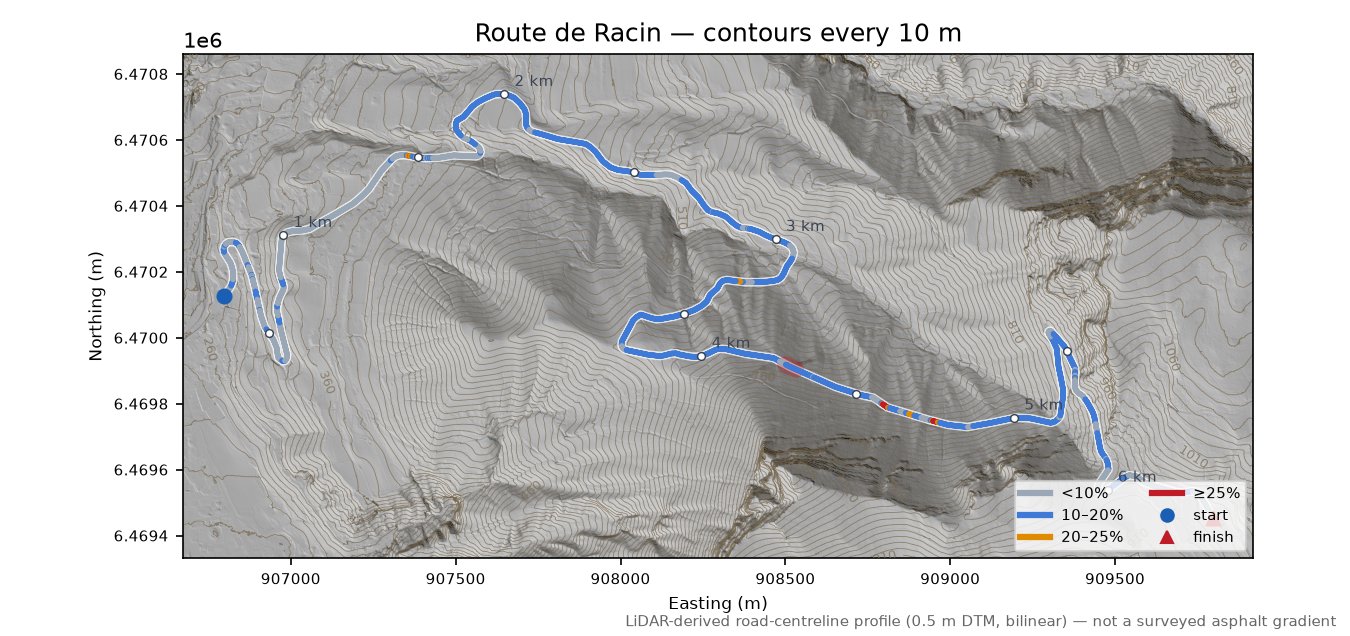 Route de Racin LiDAR hillshade map with contours