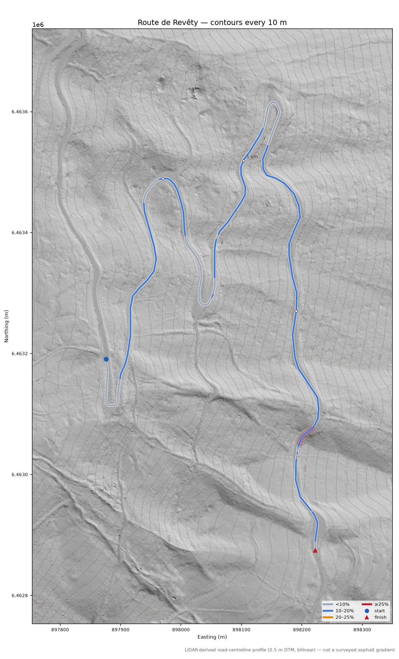 Route de Revêty LiDAR hillshade map with contours