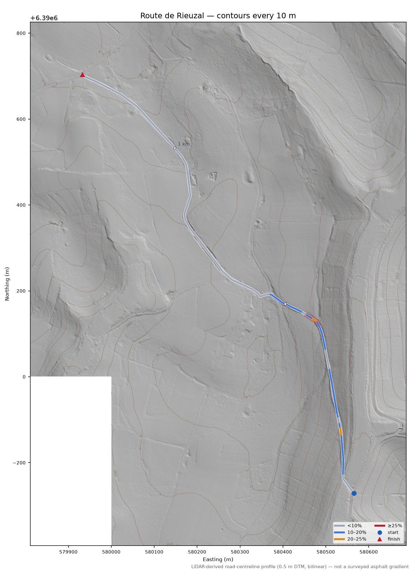 Route de Rieuzal LiDAR hillshade map with contours