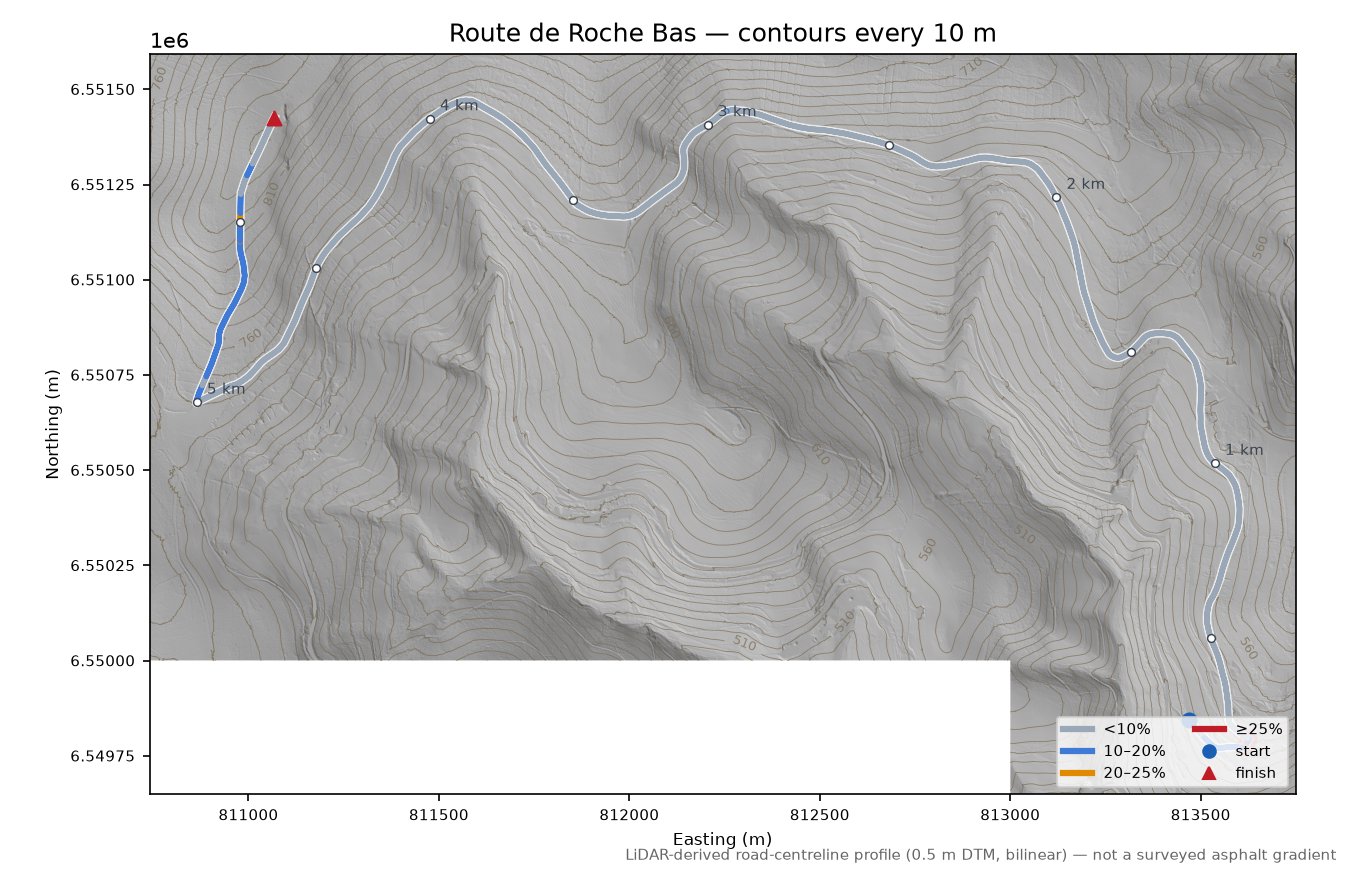 Route de Roche Bas LiDAR hillshade map with contours