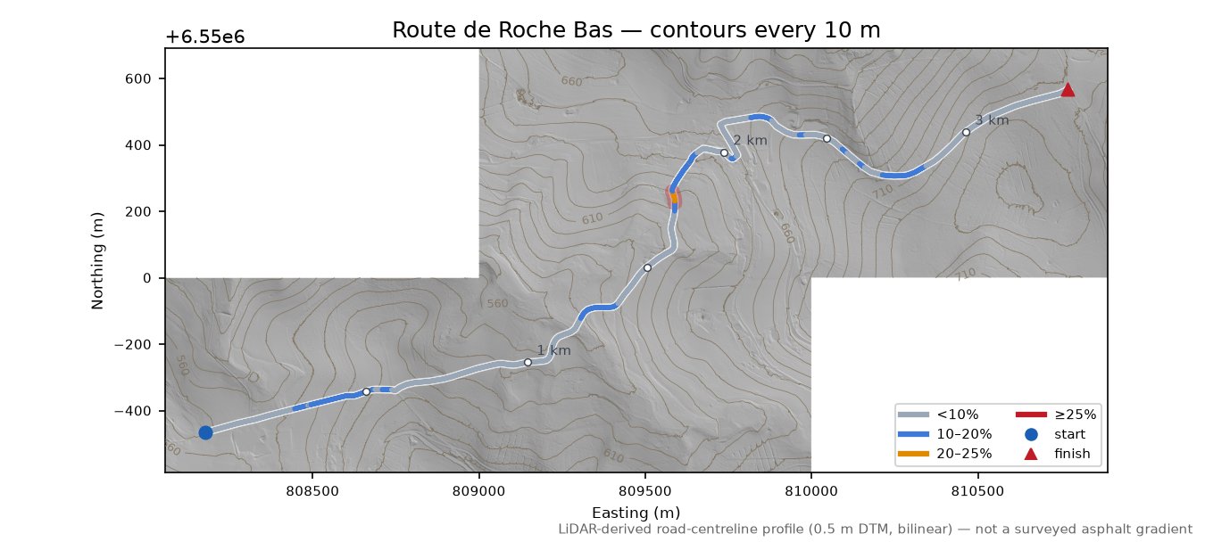 Route de Roche Bas LiDAR hillshade map with contours