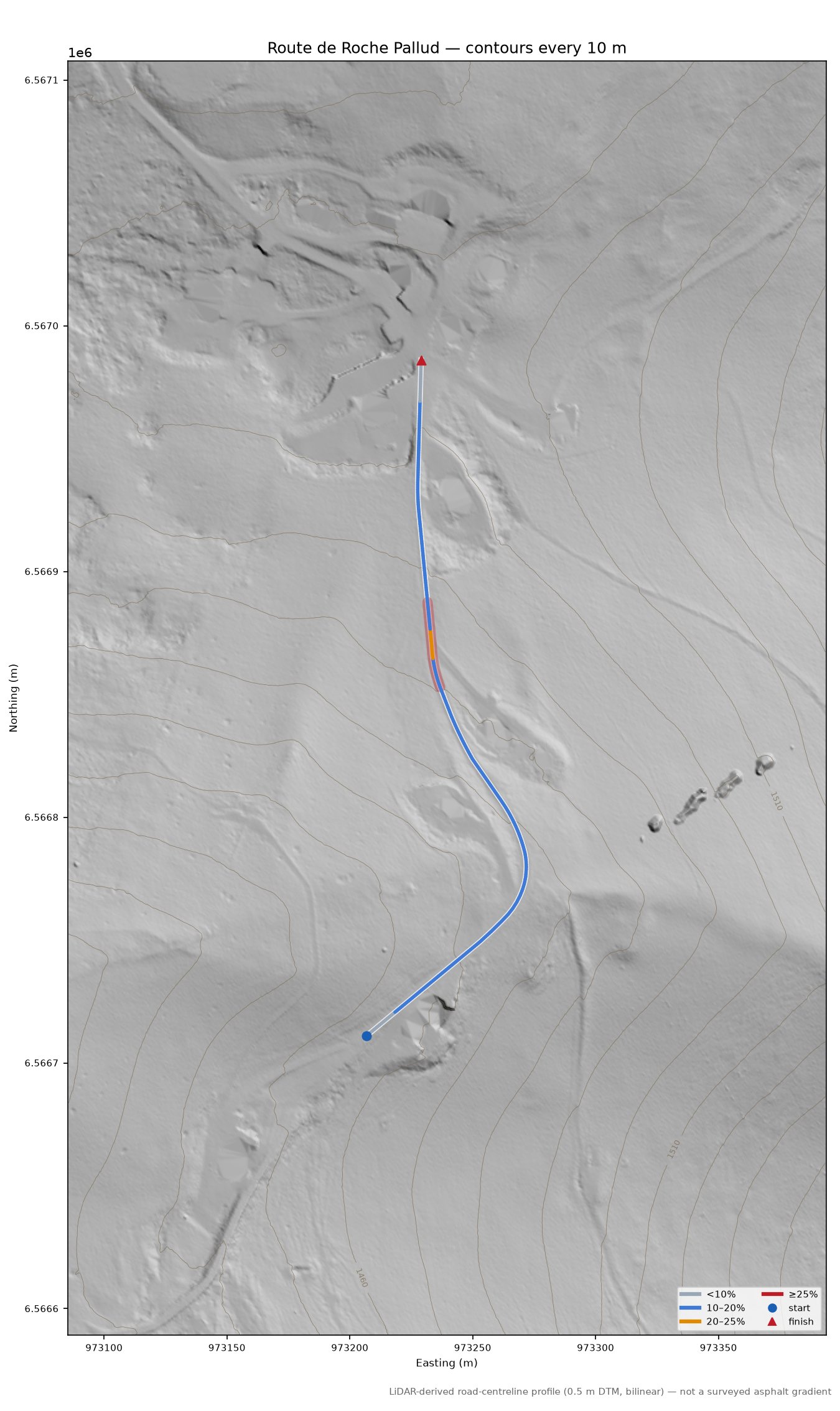 Route de Roche Pallud LiDAR hillshade map with contours