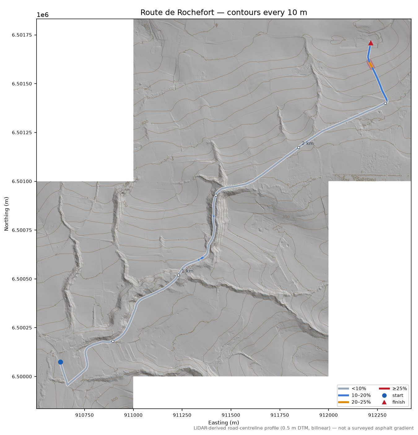 Route de Rochefort LiDAR hillshade map with contours