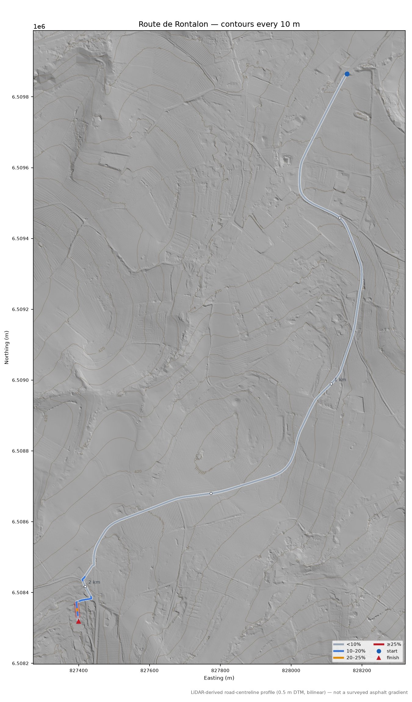 Route de Rontalon LiDAR hillshade map with contours