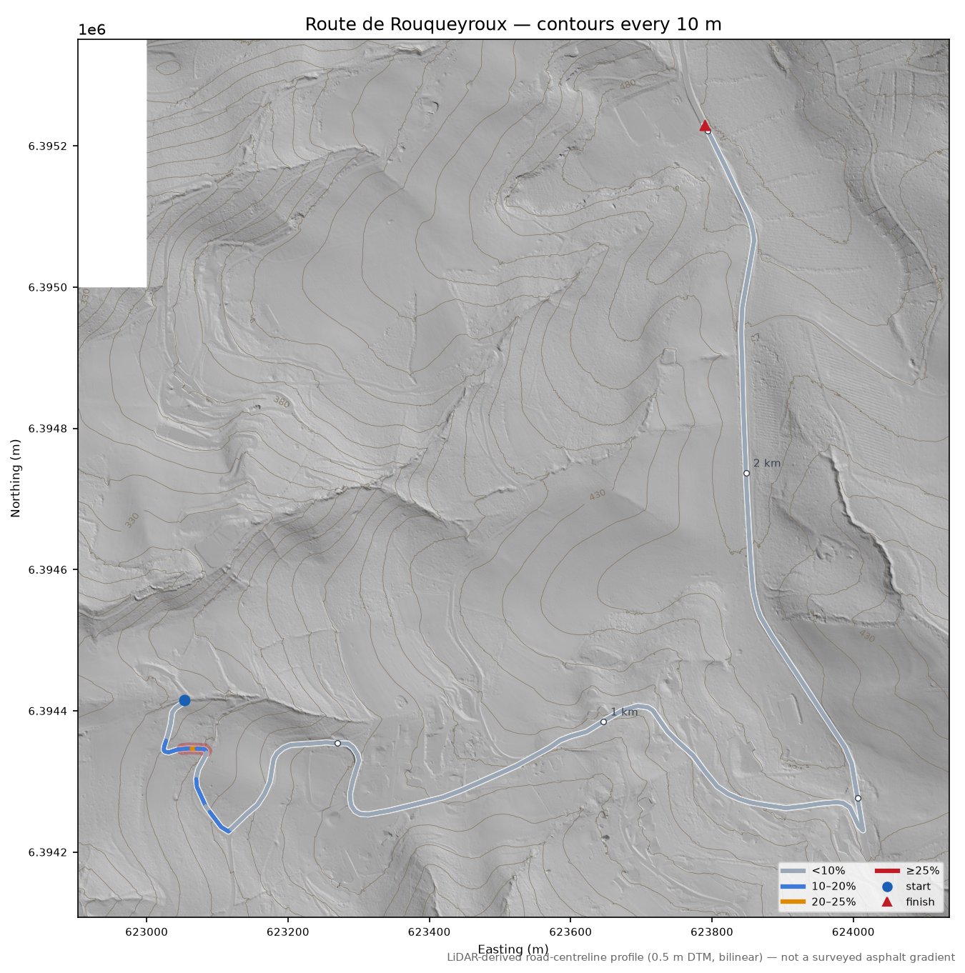 Route de Rouqueyroux LiDAR hillshade map with contours