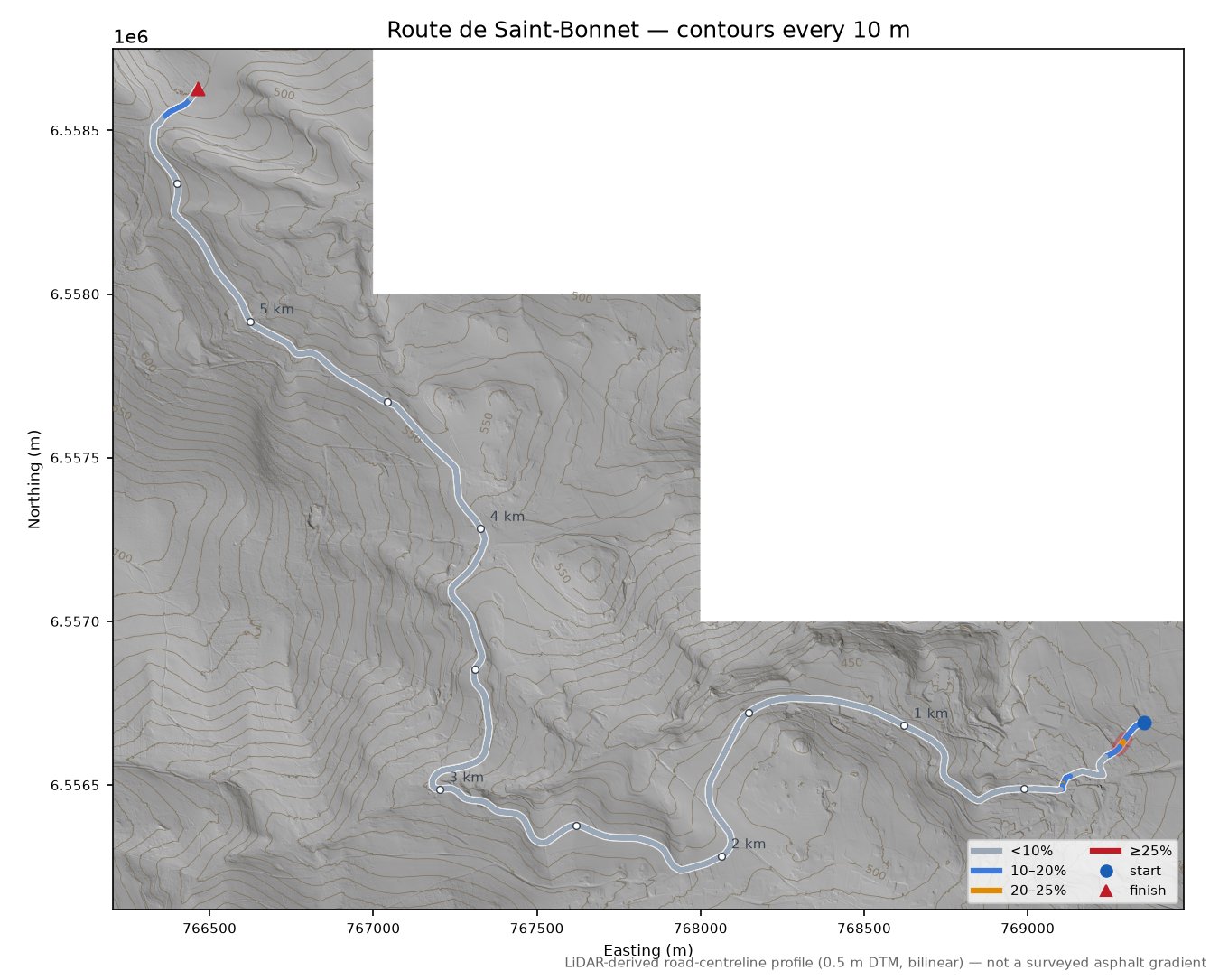 Route de Saint-Bonnet LiDAR hillshade map with contours