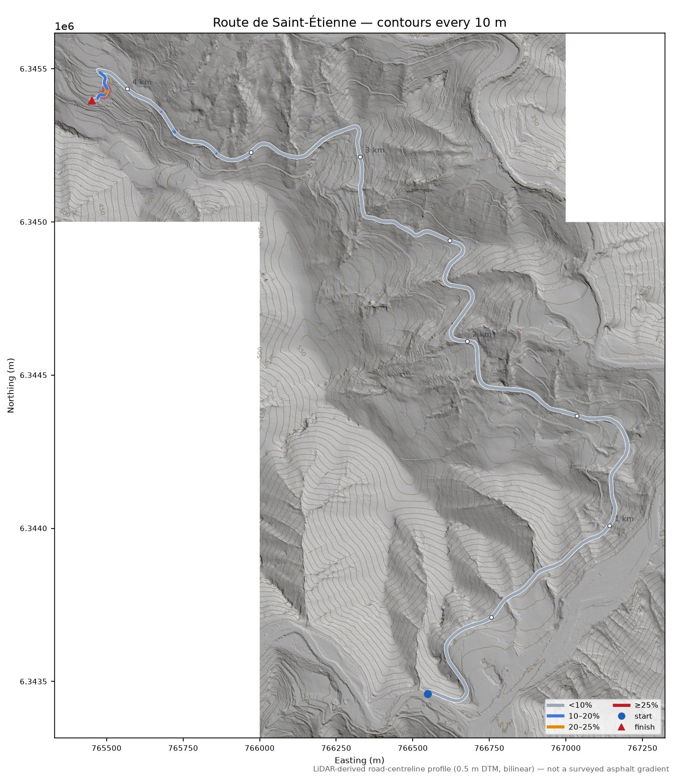 Route de Saint-Étienne LiDAR hillshade map with contours