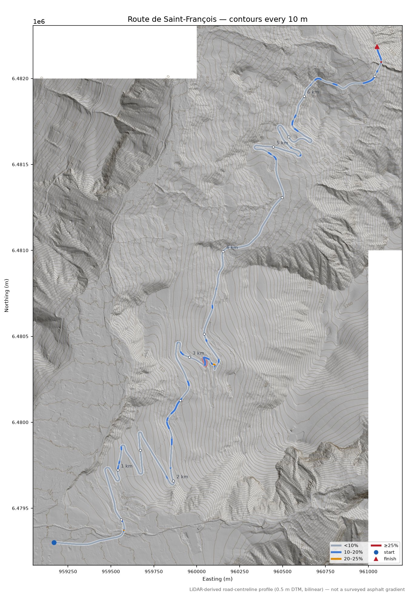 Route de Saint-François LiDAR hillshade map with contours