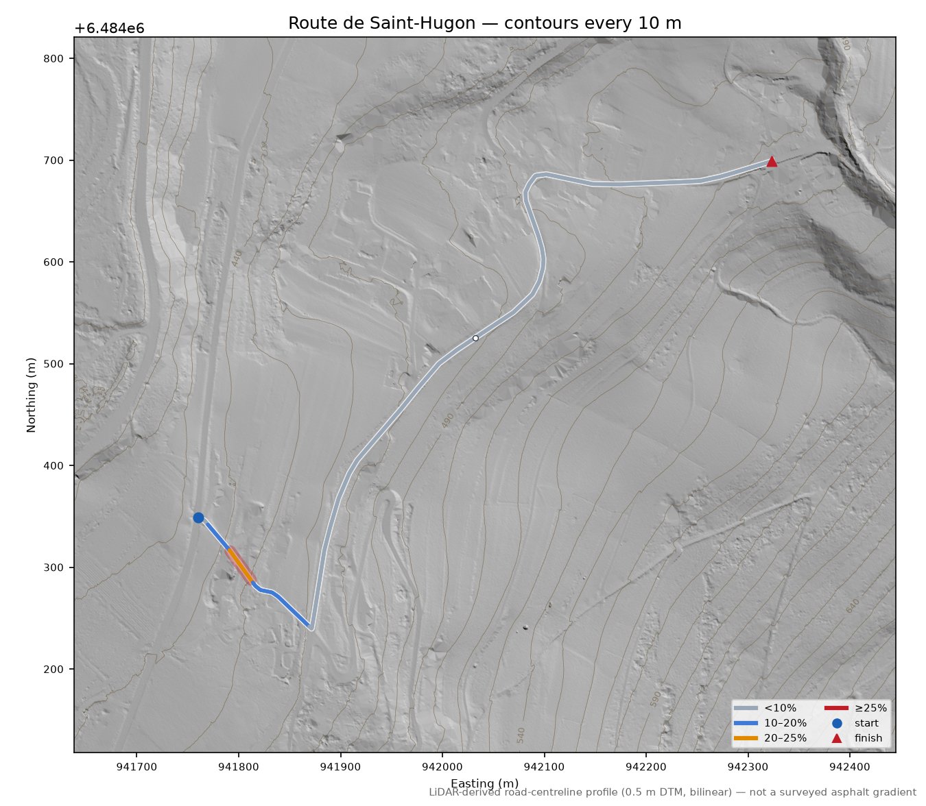 Route de Saint-Hugon LiDAR hillshade map with contours