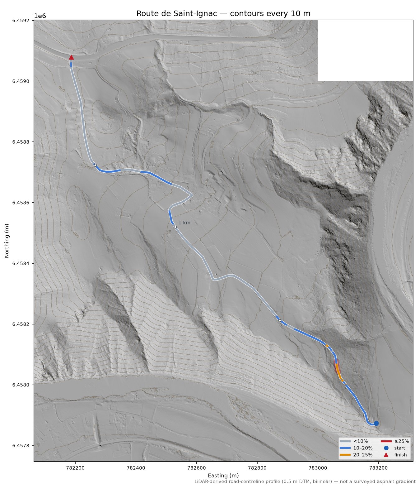 Route de Saint-Ignac LiDAR hillshade map with contours
