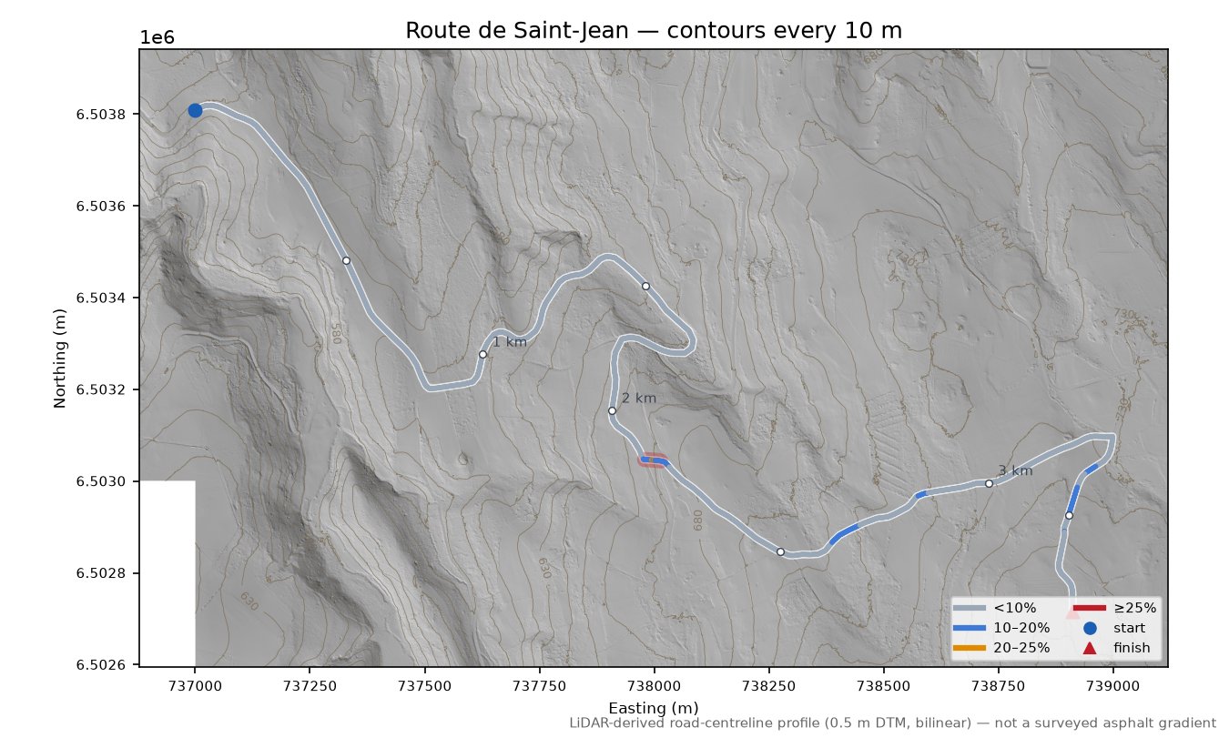 Route de Saint-Jean LiDAR hillshade map with contours