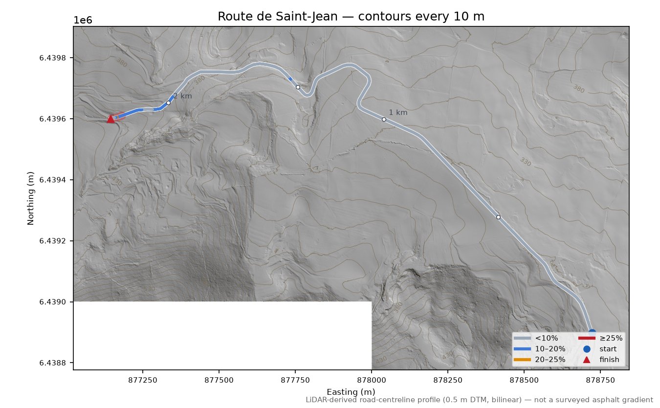 Route de Saint-Jean LiDAR hillshade map with contours