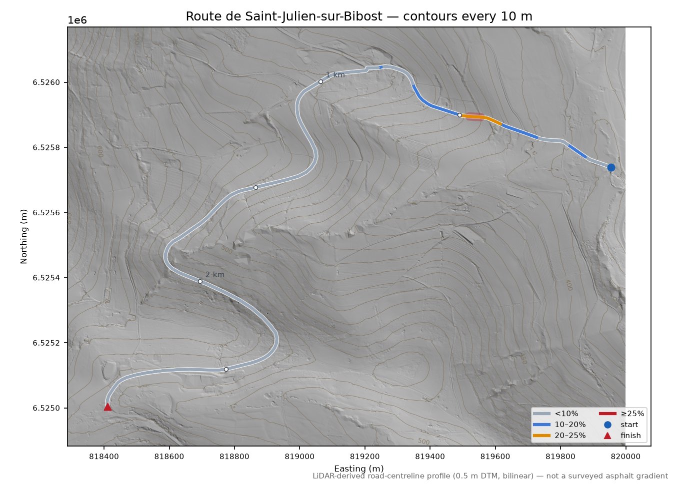 Route de Saint-Julien-sur-Bibost LiDAR hillshade map with contours