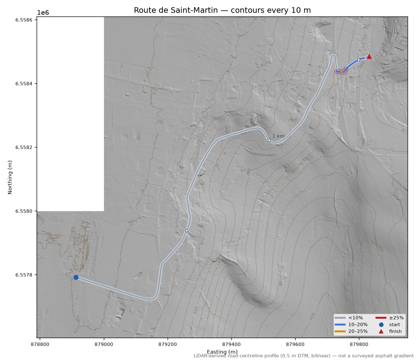 Route de Saint-Martin LiDAR hillshade map with contours
