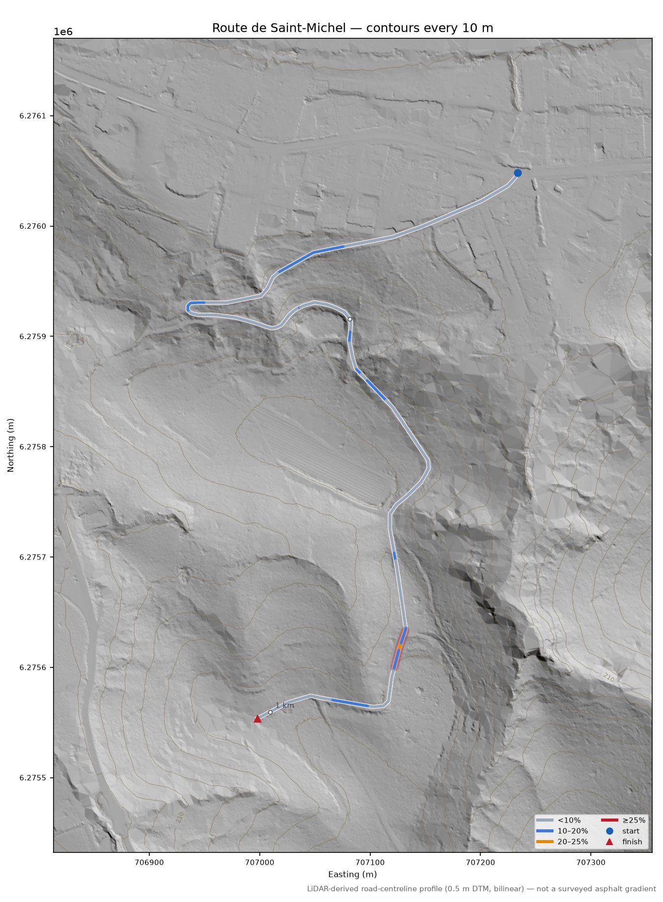 Route de Saint-Michel LiDAR hillshade map with contours