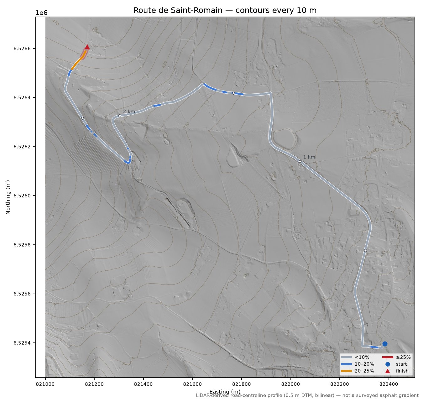 Route de Saint-Romain LiDAR hillshade map with contours