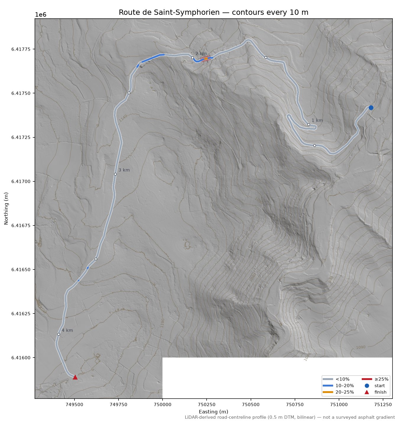 Route de Saint-Symphorien LiDAR hillshade map with contours