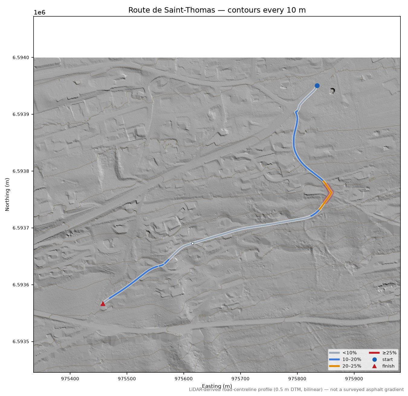 Route de Saint-Thomas LiDAR hillshade map with contours