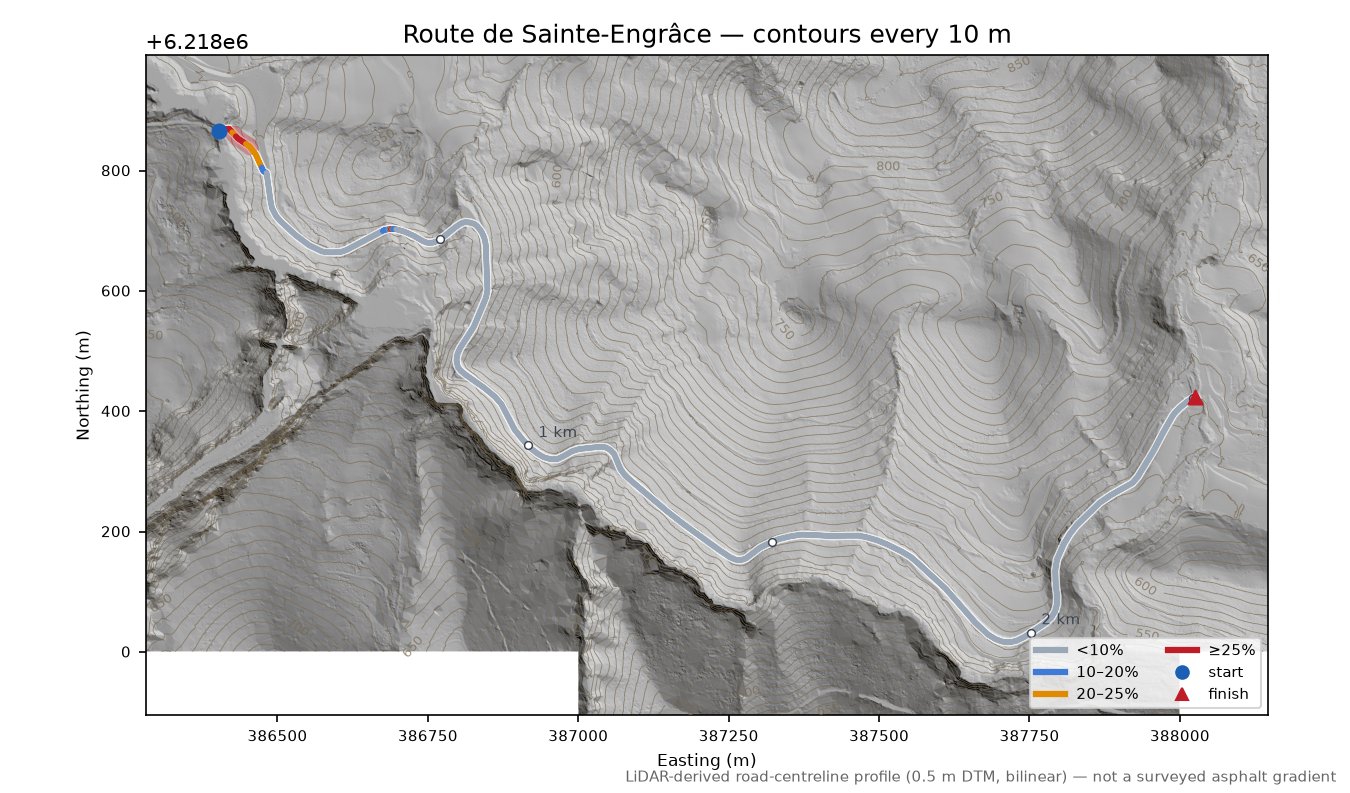 Route de Sainte-Engrâce LiDAR hillshade map with contours