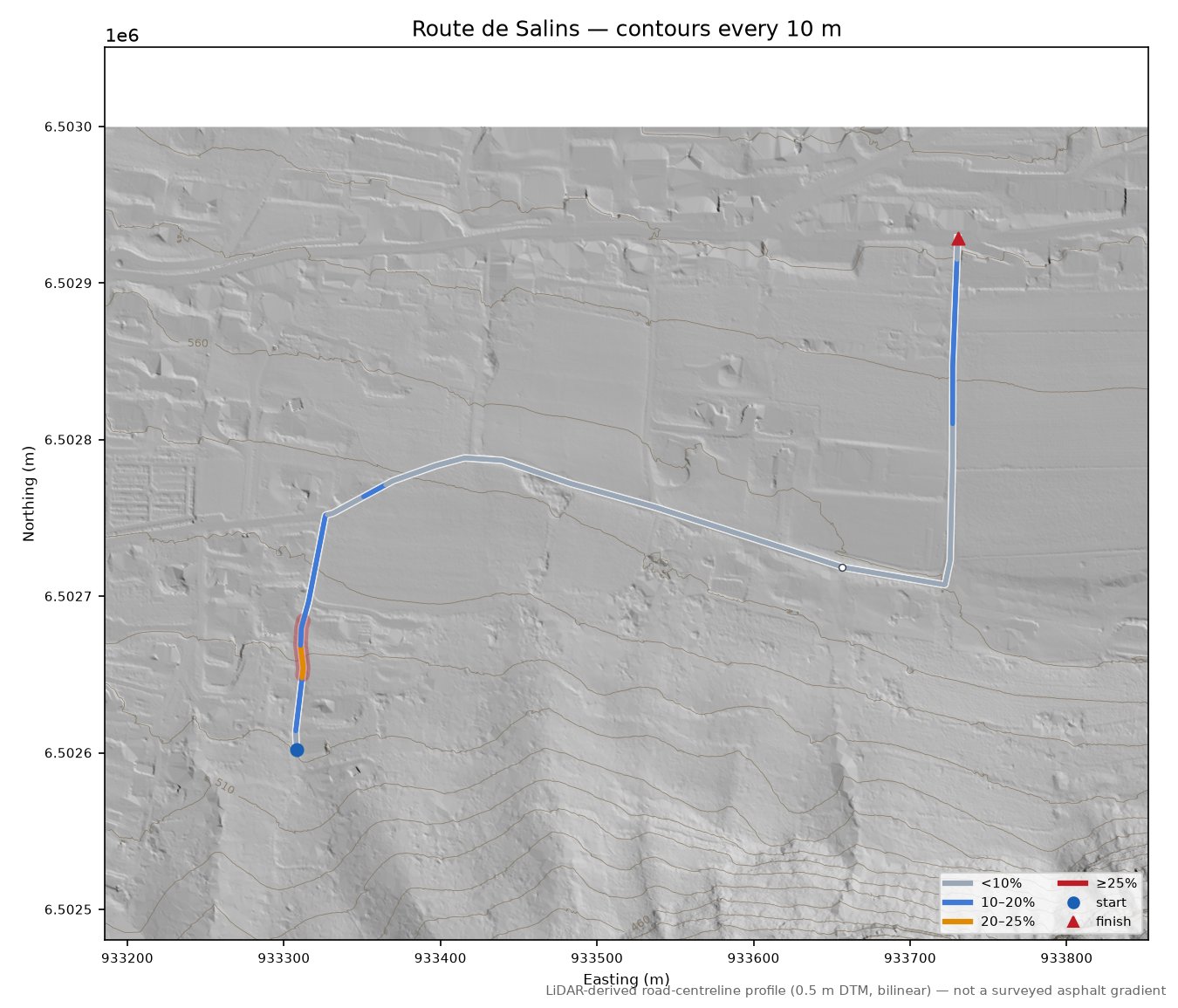 Route de Salins LiDAR hillshade map with contours