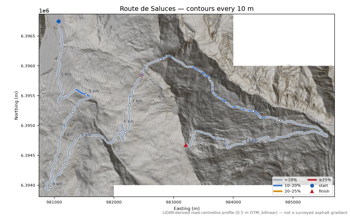Route de Saluces LiDAR hillshade map with contours
