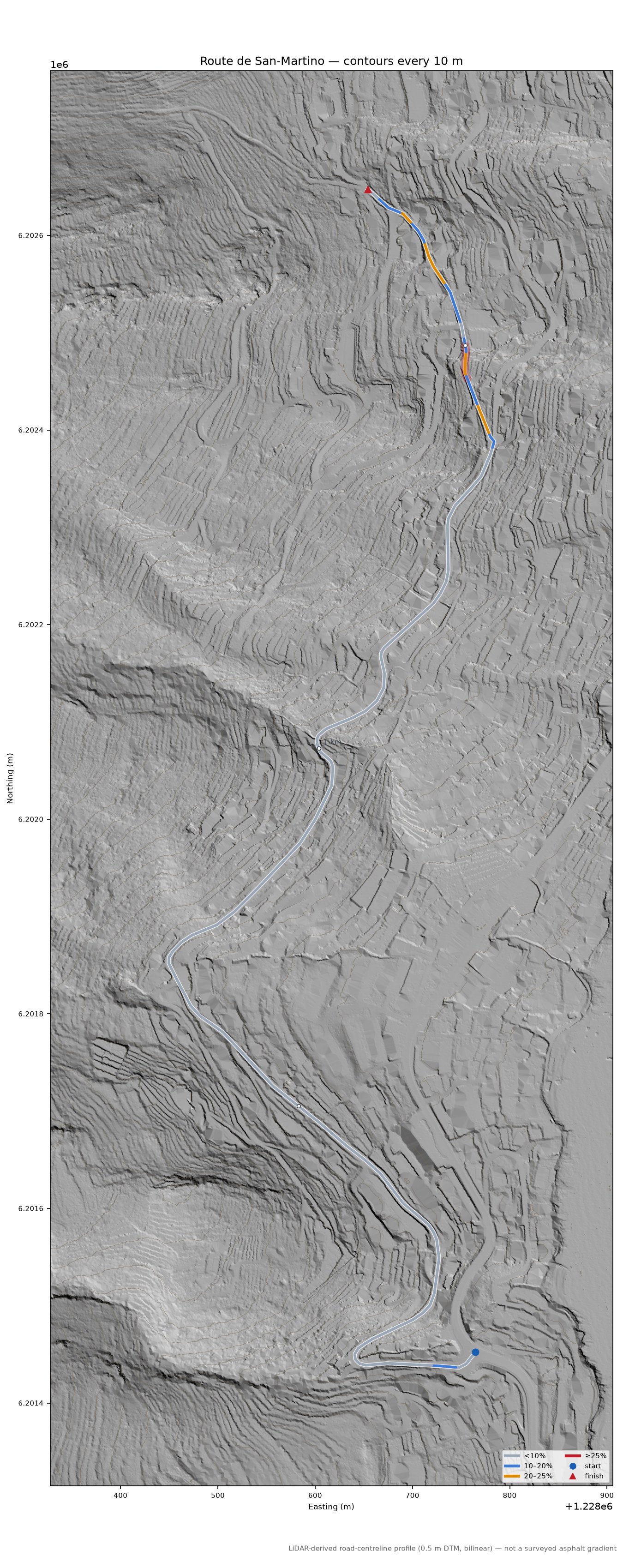 Route de San-Martino LiDAR hillshade map with contours
