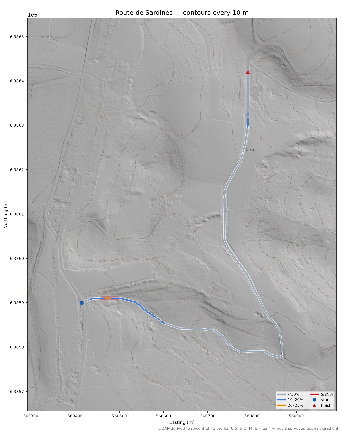Route de Sardines LiDAR hillshade map with contours