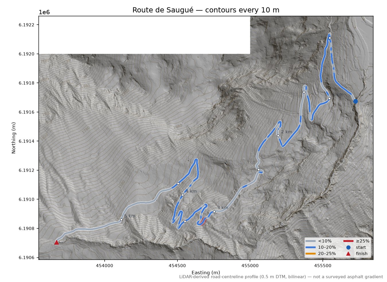 Route de Saugué LiDAR hillshade map with contours