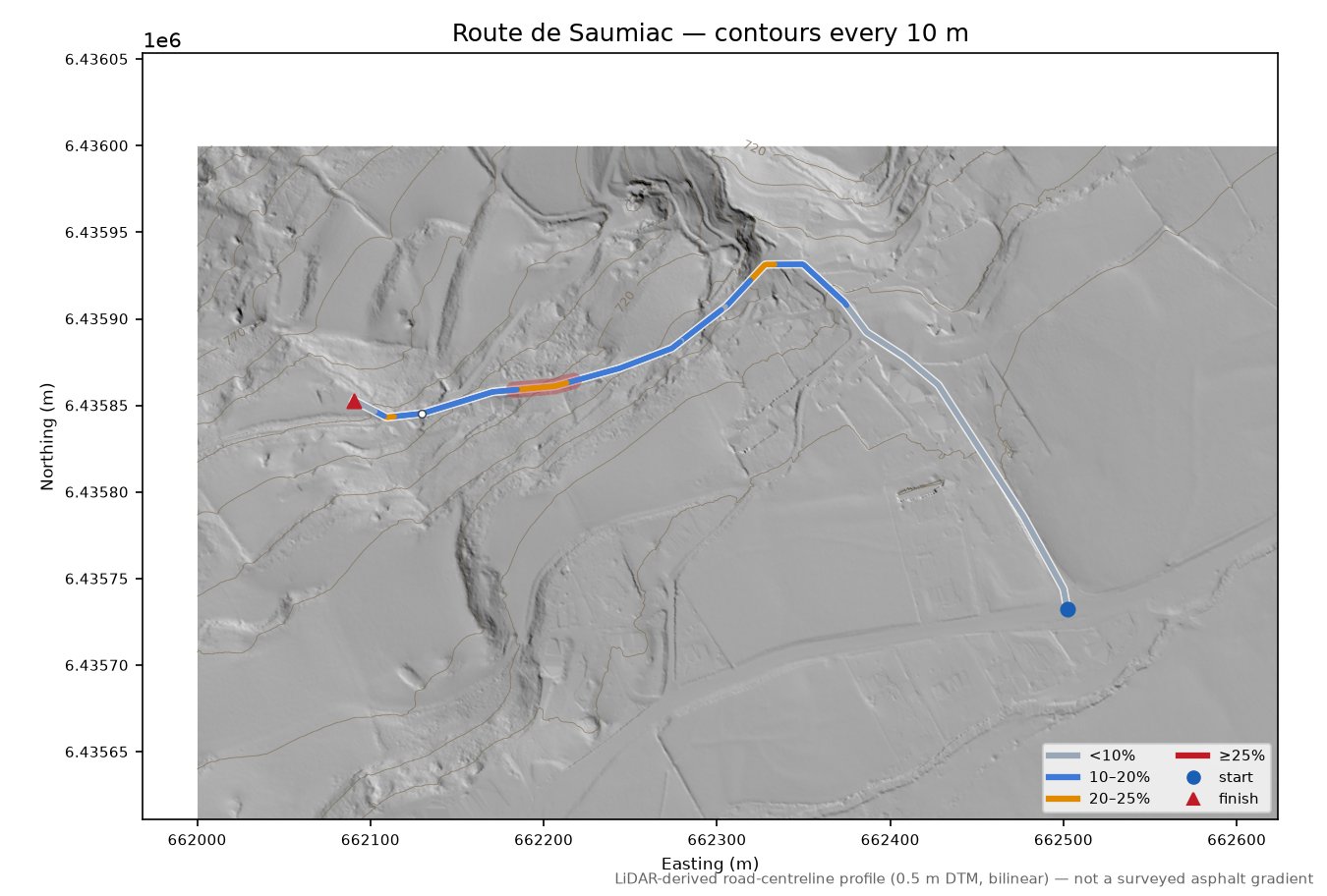Route de Saumiac LiDAR hillshade map with contours