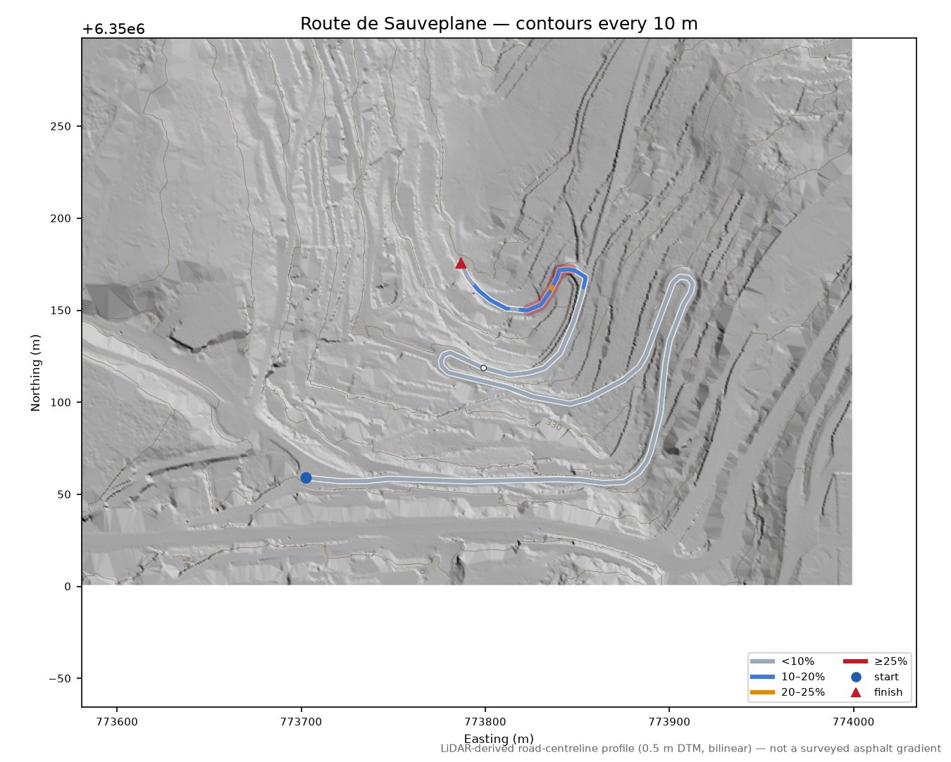 Route de Sauveplane LiDAR hillshade map with contours