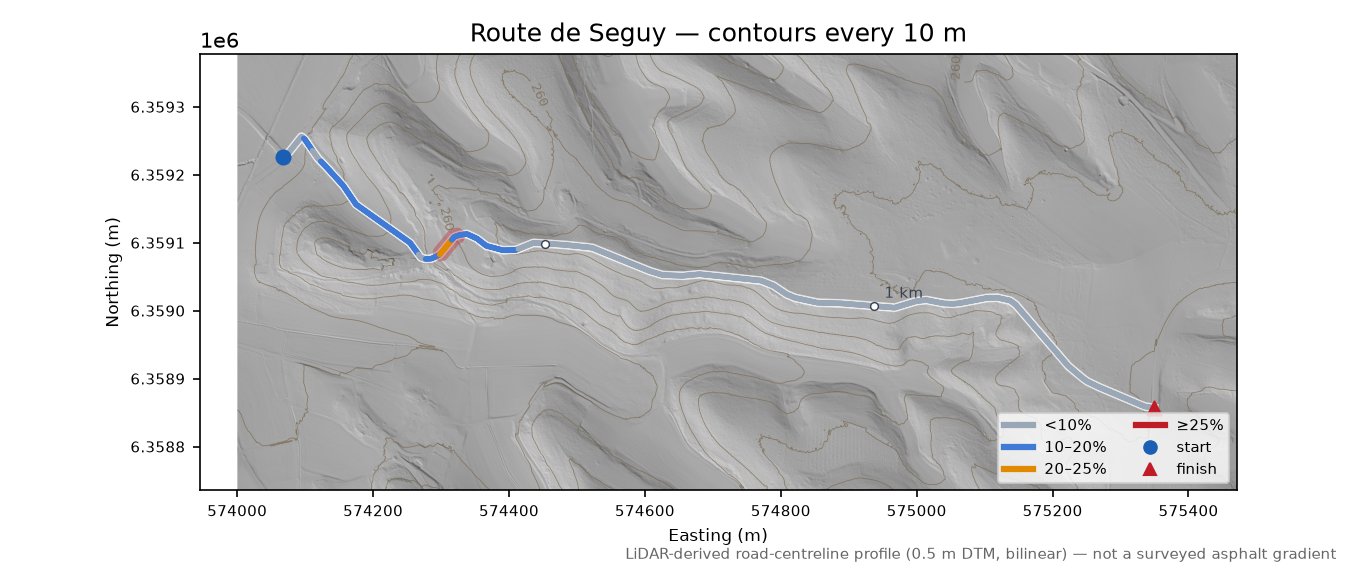 Route de Seguy LiDAR hillshade map with contours