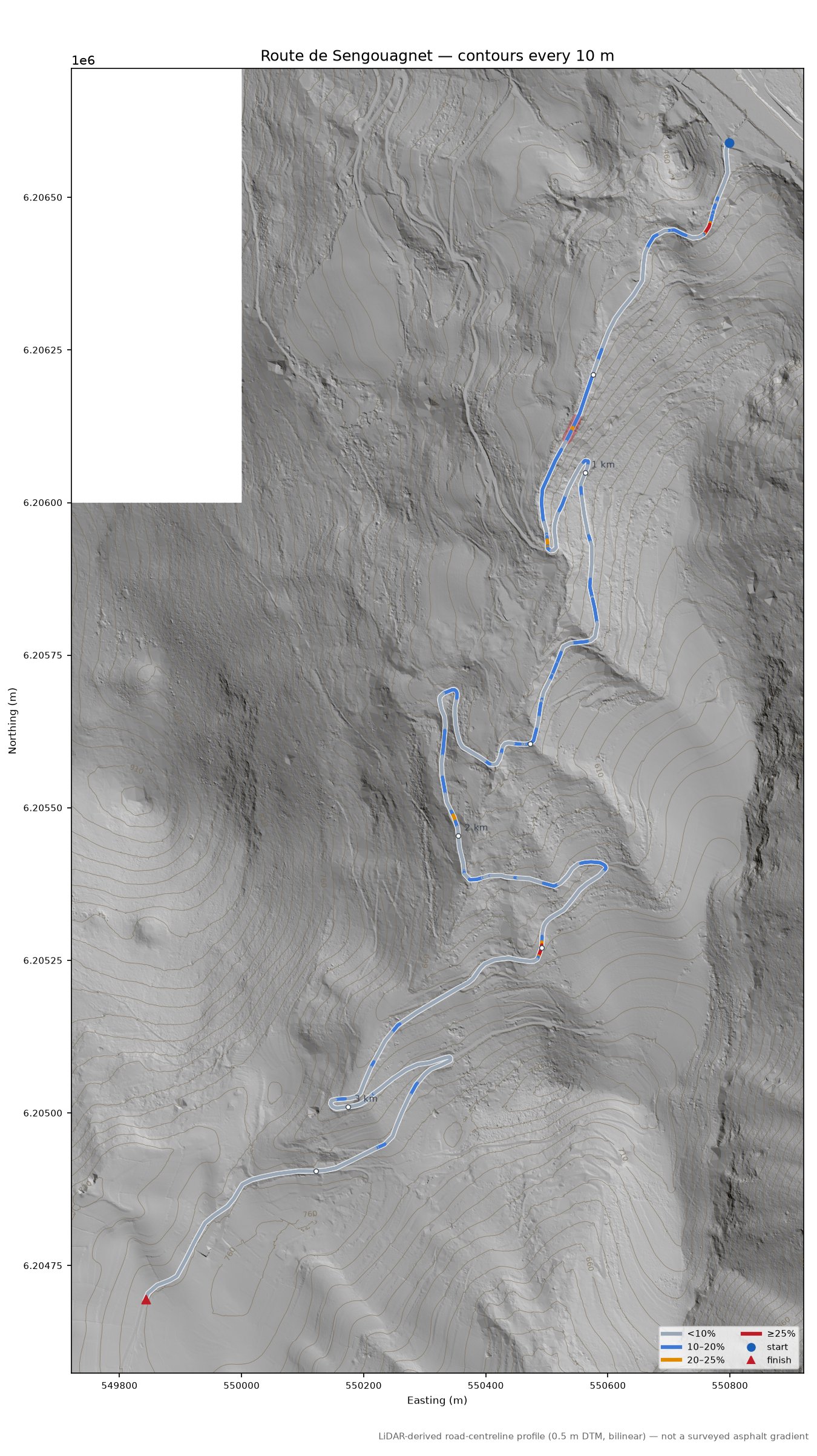 Route de Sengouagnet LiDAR hillshade map with contours