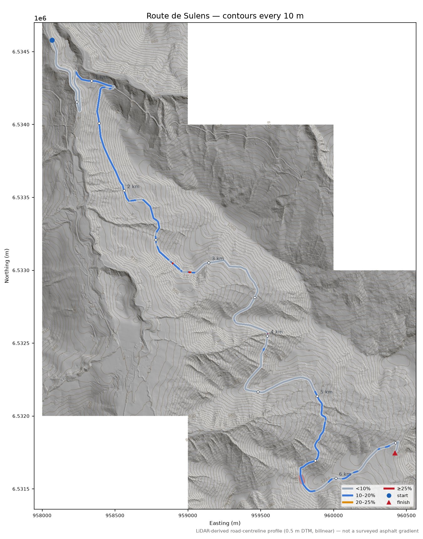 Route de Sulens LiDAR hillshade map with contours