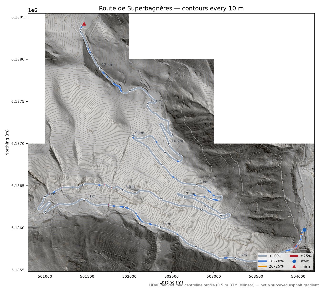 Route de Superbagnères LiDAR hillshade map with contours