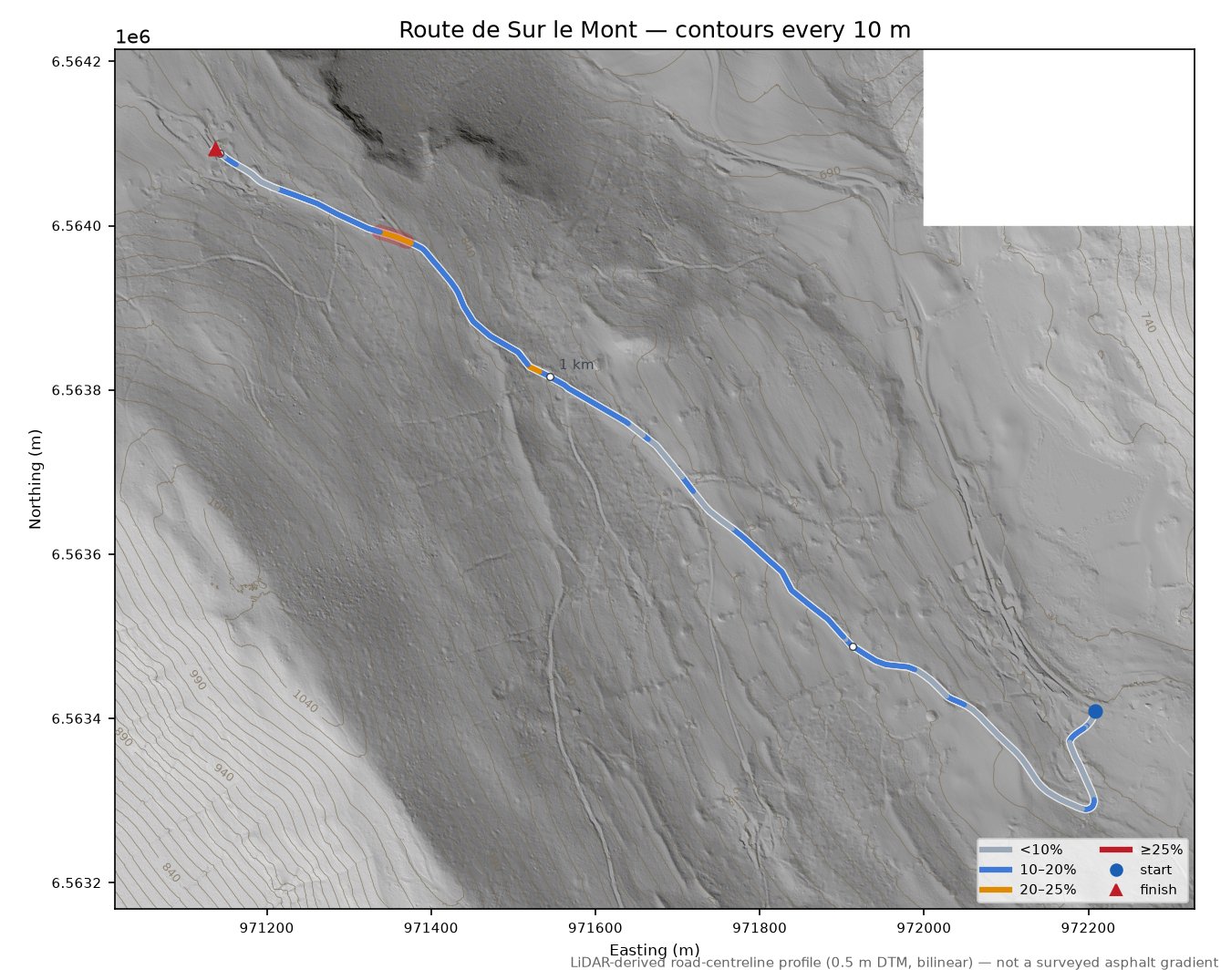 Route de Sur le Mont LiDAR hillshade map with contours