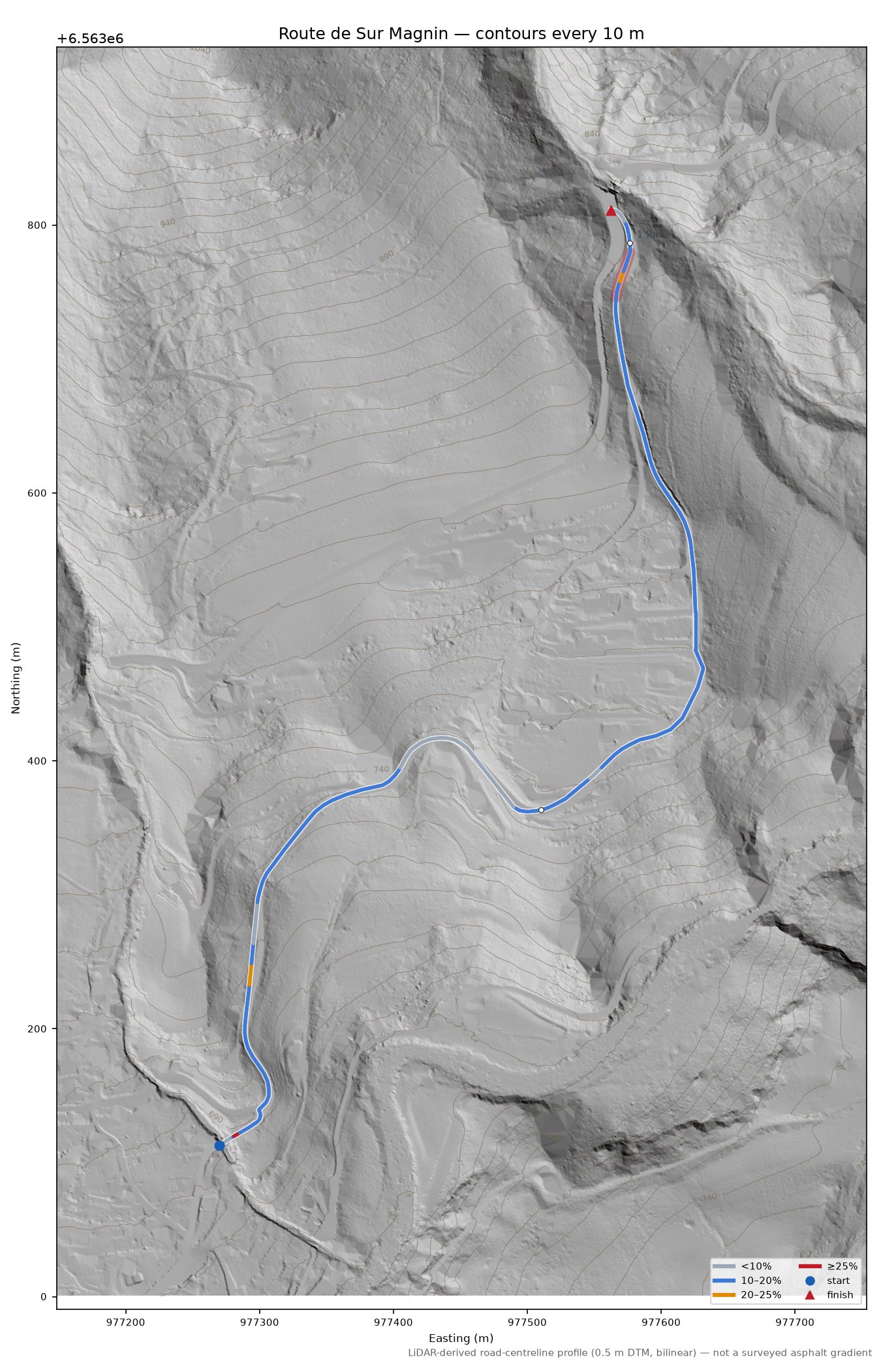 Route de Sur Magnin LiDAR hillshade map with contours