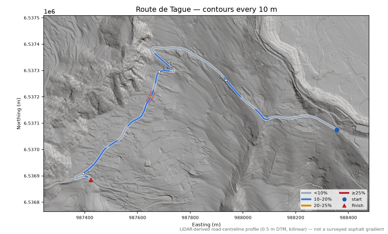 Route de Tague LiDAR hillshade map with contours