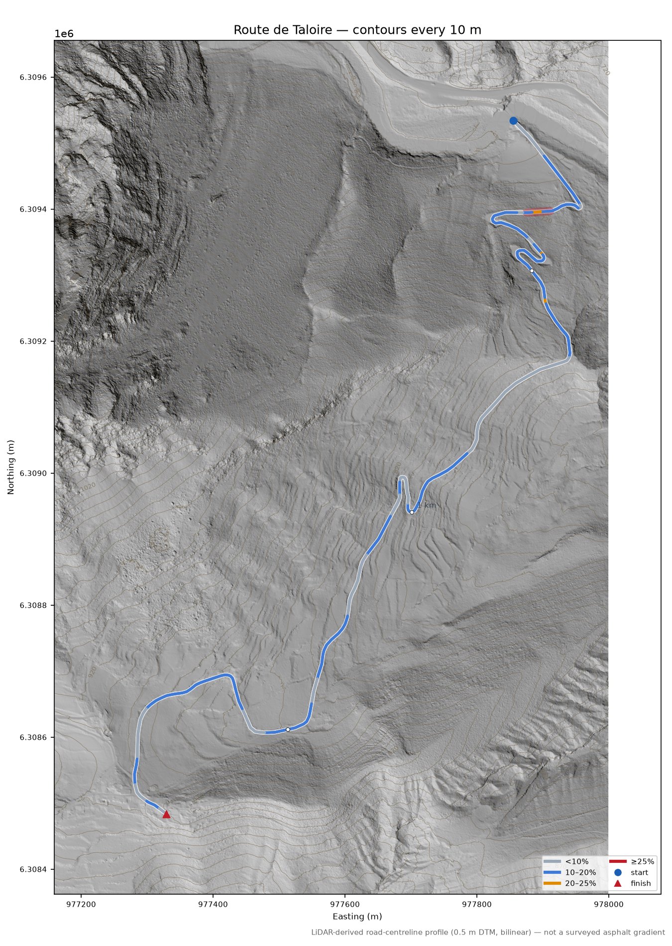 Route de Taloire LiDAR hillshade map with contours